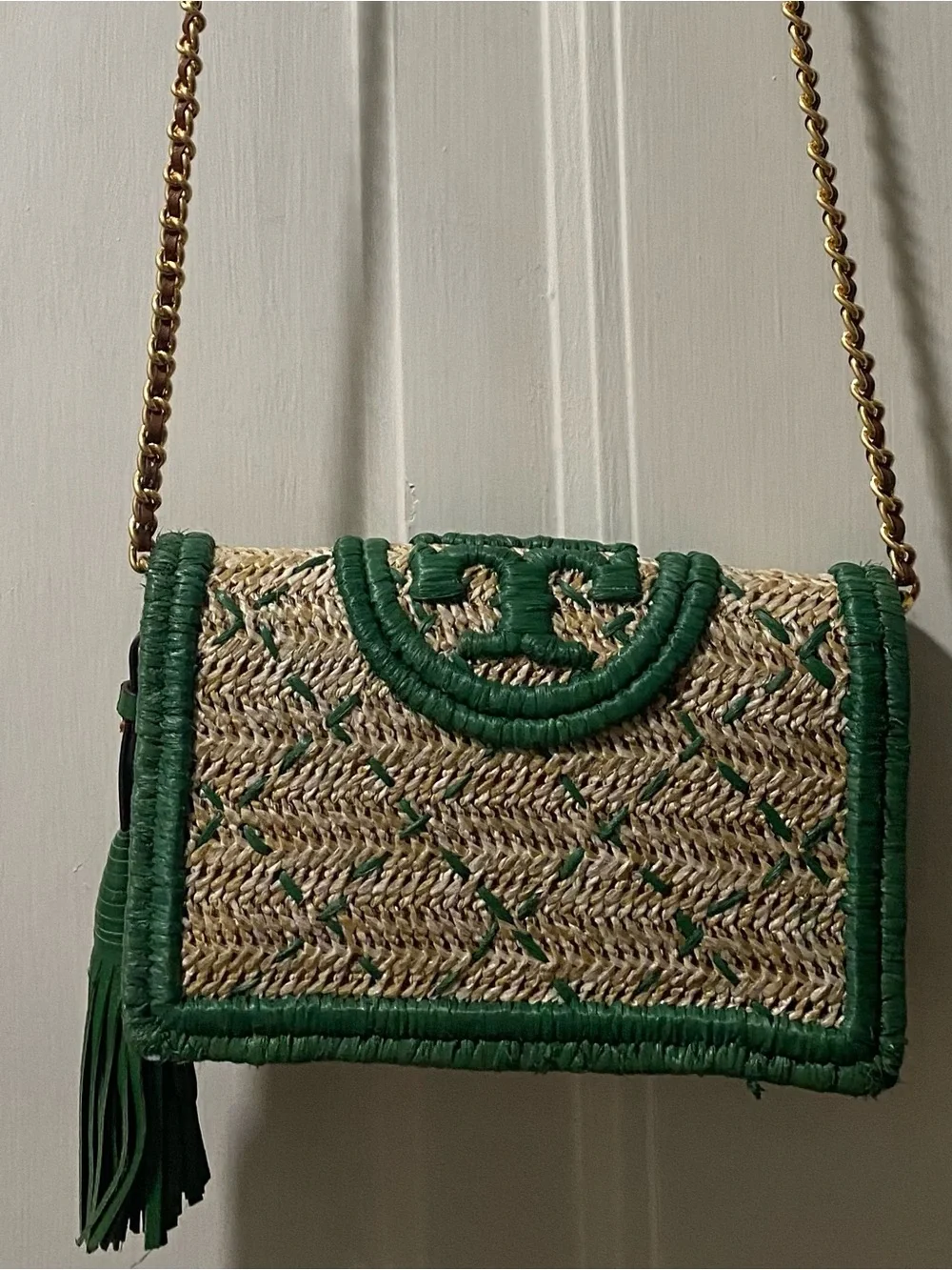 Tory Burch Straw Crossbody Bag with Green Trim and Gold Chain